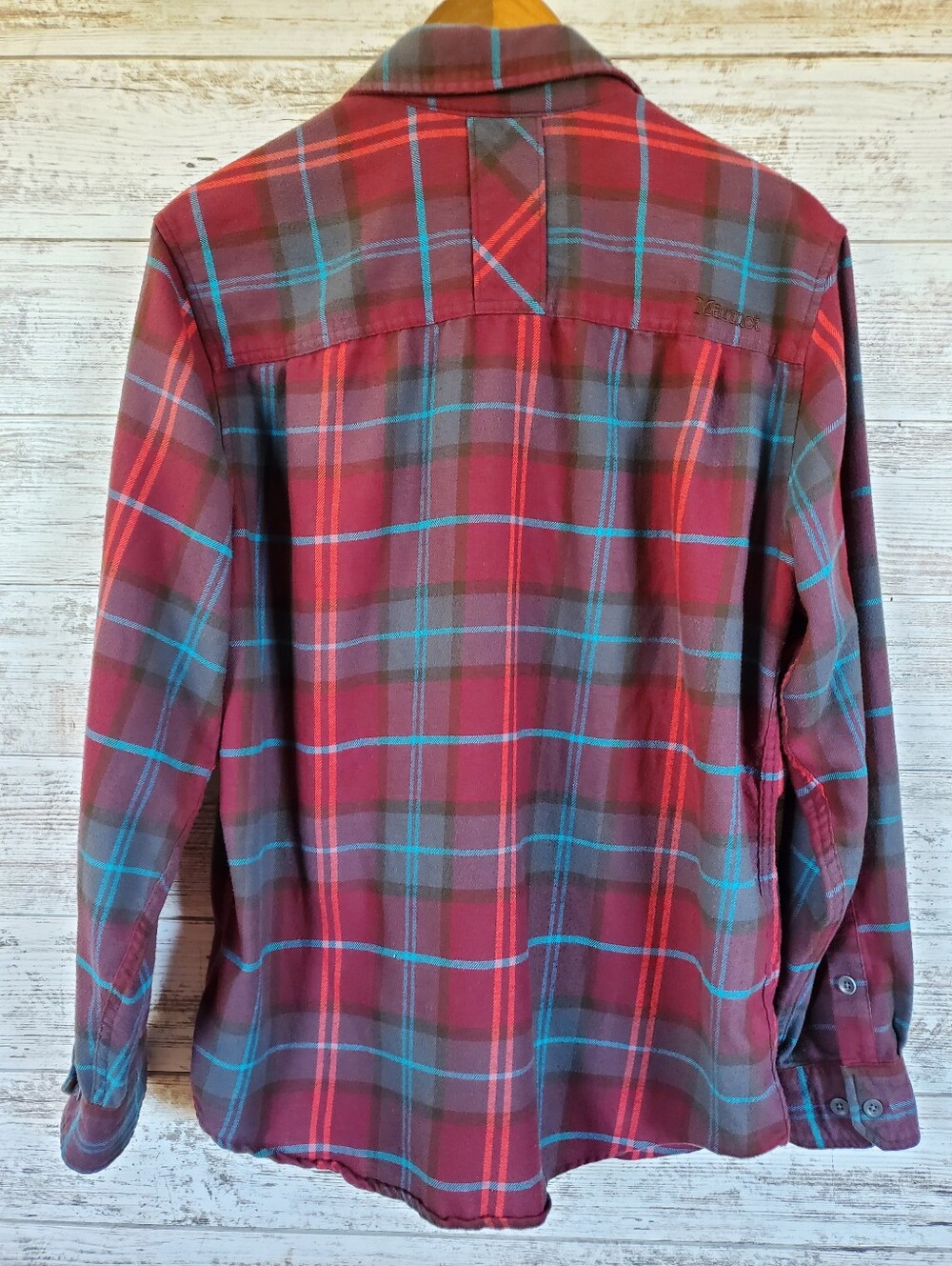 Marmot Anderson Plaid Flannel Shirt Burgundy Teal CoolMax Button Up - Picture 3 of 10
